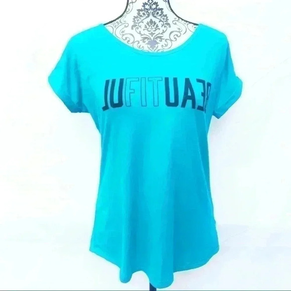 REEBOK Turquoise Scoop Neck “Beautiful” Open Criss Cross Back Athletic Tee (M) - Picture 7 of 8